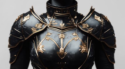 close-up of ornate black and gold decorative armor with floral engraved patterns and elegant design elements