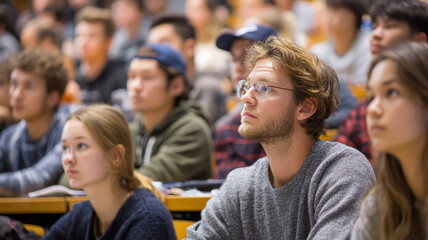 Fototapeta premium Group of attentive students listens intently during lecture in university hall, showcasing diverse and engaged audience