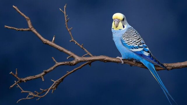 Beautiful Blue Parakeet Perched on a Branch Against a Dark Blue Background