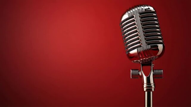 Vintage Microphone on Bright Red Background for Music, Performance, and Retro Themes in Visual Media