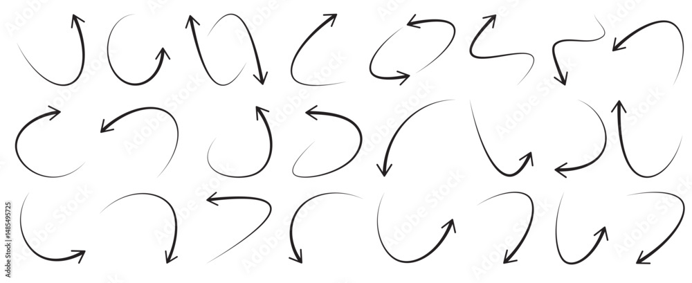 Poster Simple lines hand drawn black arrows set in various style, curved, sketch, isolated on transparency background
