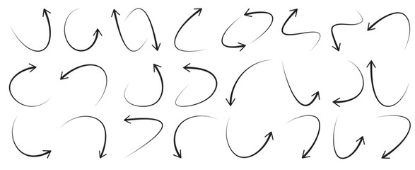 Simple lines hand drawn black arrows set in various style, curved, sketch, isolated on transparency background