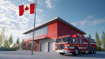 Fire station with Canadian flag waving near a fire truck on a sunny day outdoors
