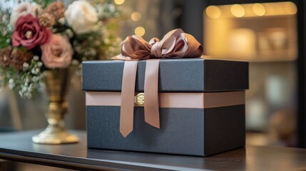 Obraz premium A black box with a brown ribbon tied around it