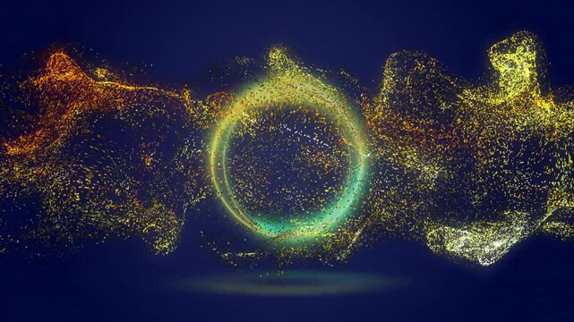 Glowing torus ring floating in dark navy void, with swirling golden orange white particle waves