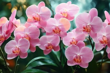 Fototapeta premium Cluster of delicate pink orchids blooming with soft light and lush green leaves in the background creating a peaceful and fresh atmosphere