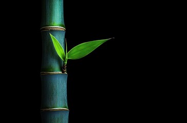 Close-up of a single green bamboo stalk with fresh green leaves sprouting against a black background, symbolizing growth and natural strength