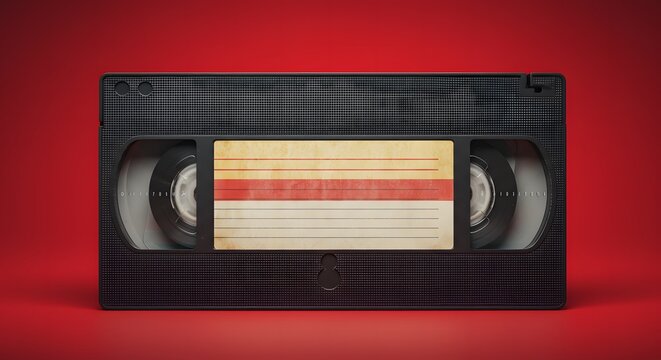 A nostalgic look at a classic black vhs tape on a vibrant red background.