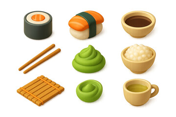 Sushi and japanese cuisine icon set - 3d, food symbols for menus and apps
