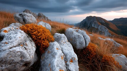 rocky slope blanketed with lichen under overcast sky