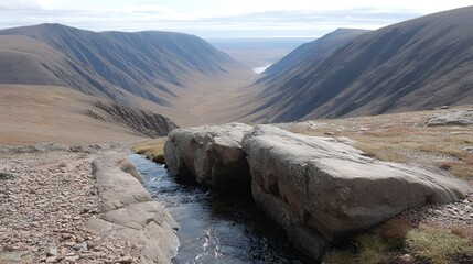 flowing water carving narrow paths through tundra rocks