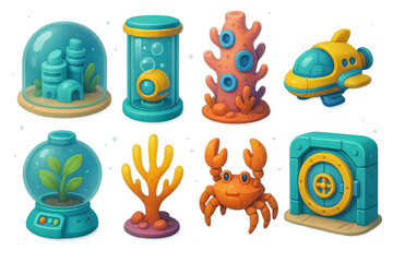 Underwater adventure icon set - filled, marine life and ocean exploration symbols