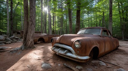 rusted cars overtaken by vegetation in junkyard forest