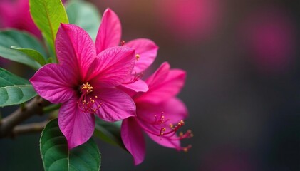 Fototapeta premium Vibrant fuchsia blossoms, intricate leaf details, nature, garden