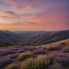 Obraz premium “Layered hills fading into the distance beneath a pastel orange and lavender sky.”
