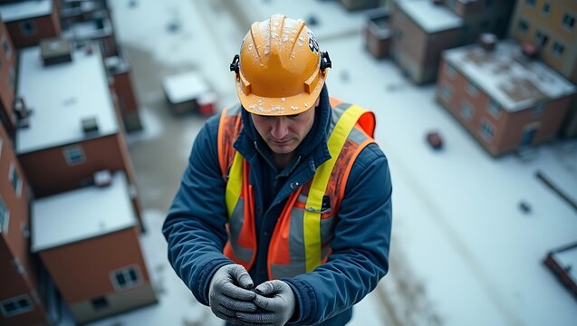 Construction worker in safety gear inspecting building roof in snowy winter weather conditions - Powered by Adobe