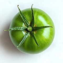 Close-up of a fresh green unripe tomato with stem and sepals on a white background