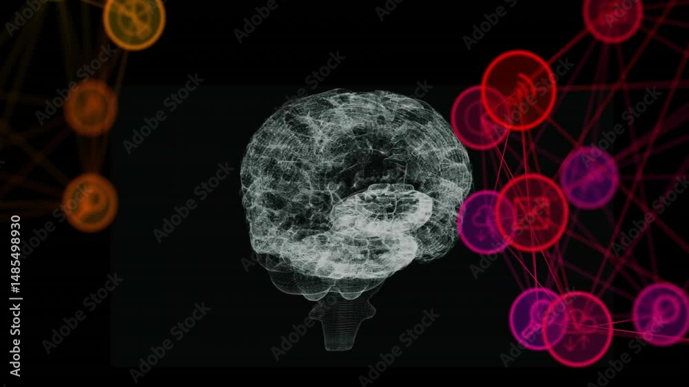 Poster wireframe brain model floating centrally, showing orange and red nodes and thin lines in 3d render