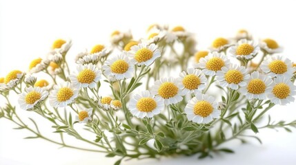 Cluster of small white and yellow daisy-like flowers with green stems against a bright white background evoking freshness and delicacy