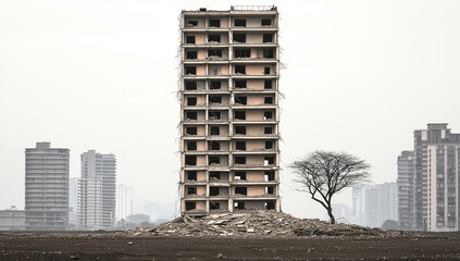 Fototapeta premium Isolated crumbling tower on rubble with single tree and modern city in distance 