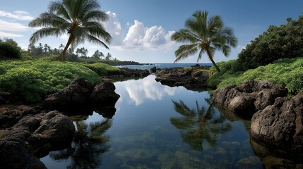 hidden lagoon encircled by steep volcanic cliffs