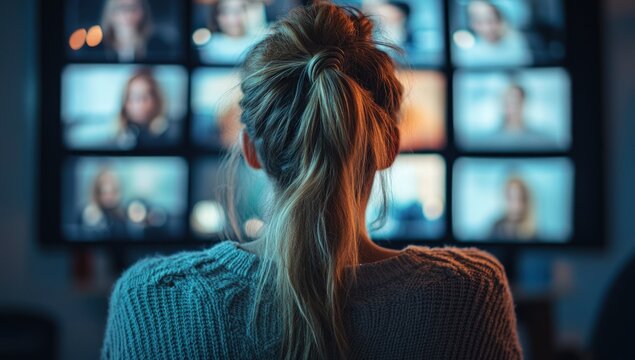 Woman viewing multiple video feeds