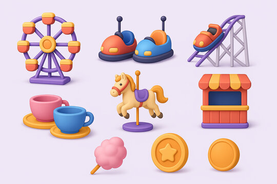 Amusement park 3d icon set - fun, carnival & festival attraction symbols
