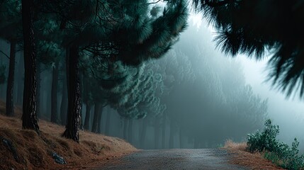 mist-covered woodland path fading into dense white air