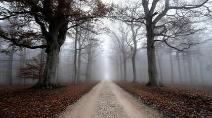 quiet forest trail disappearing into morning fog