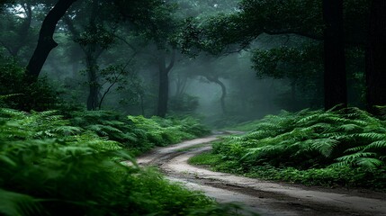 woodland path disappearing into dense white fog