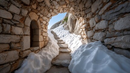 curving ice cave path with frost-like textures on walls