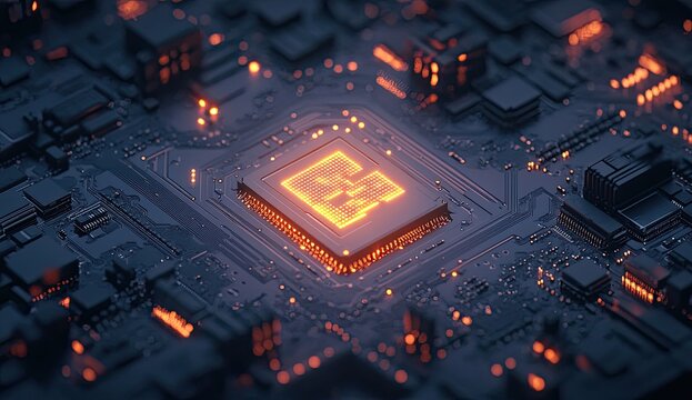 Central processing unit on circuit board, glowing brightly.  Detailed close-up of intricate circuitry