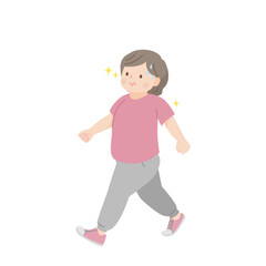 ウォーキングをする太った中年女性のイラスト素材