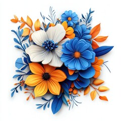Vibrant floral arrangement in shades of orange, blue, and white.  Delicate petals and leaves create a 3D effect, showcasing a bouquet of blossoms and foliage