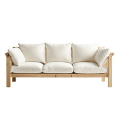 Fototapeta premium Cozy Neutral Sofa with Soft Cushions and Wooden Frame Design