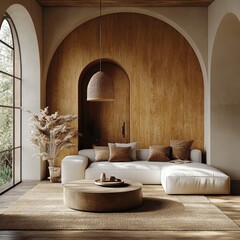 Fototapeta premium A modern, light-filled living room with warm, wooden accents.