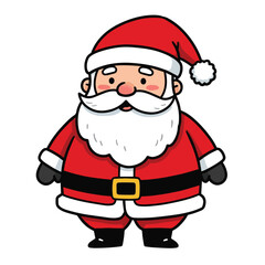 A cartoon Santa Claus in a red suit with white trim, black belt with gold buckle, black gloves, black boots, and a red hat with a white pom-pom.