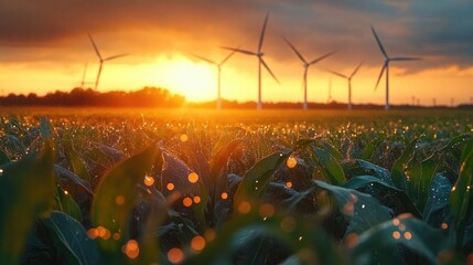 Sunset over a field with dew-covered plants and multiple wind turbines standing in the background under a partly cloudy sky