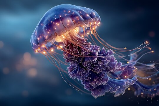 Luminous bioluminescent jellyfish floating in the ocean