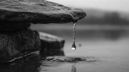 ice drop about to fall into serene frozen cave water