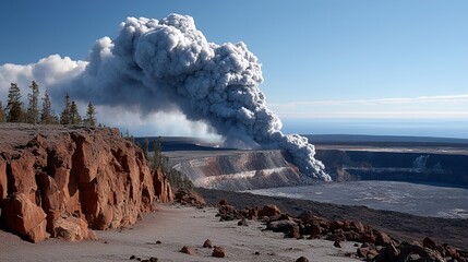 volcanic ridge fumarole venting white smoke into sky