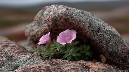 tiny wildflowers blooming between rough tundra stones