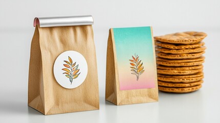 Brown paper bags with colorful leaf design, showcasing a stack of crispy cookies