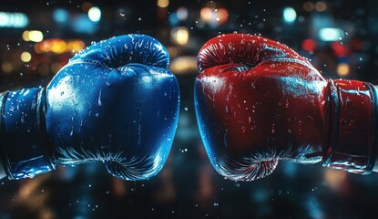 Two wet boxing gloves face off