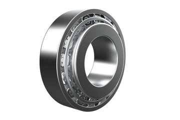 Tapered Roller Bearings, Industrial Ball Bearing Designed for Axial and Radial Loads, Close-up of a Shiny Steel Angular Contact Bearing, High-precision taper bearing on a PNG Transparent Background