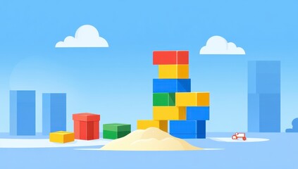 Fototapeta premium Colorful Block Tower on Sandy Island Pixel Art Cityscape Illustration