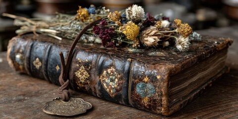 Antique Leather Bound Book on Wooden Table with Dried Flowers