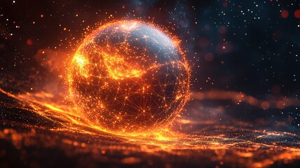 Obraz premium Abstract Sphere with Glowing Orange Connections on Black Background – Futuristic Digital Network Visualization Featuring Energy Nodes and High-Tech Artistic Design, 8k resolution