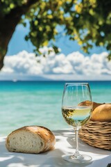 Wine glass with white wine, fresh bread, and picnic basket on table by the beach, tropical vacation, relaxation, summer getaway, outdoor dining, leisure.
