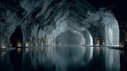 curved glowing ice layers above smooth clear ground